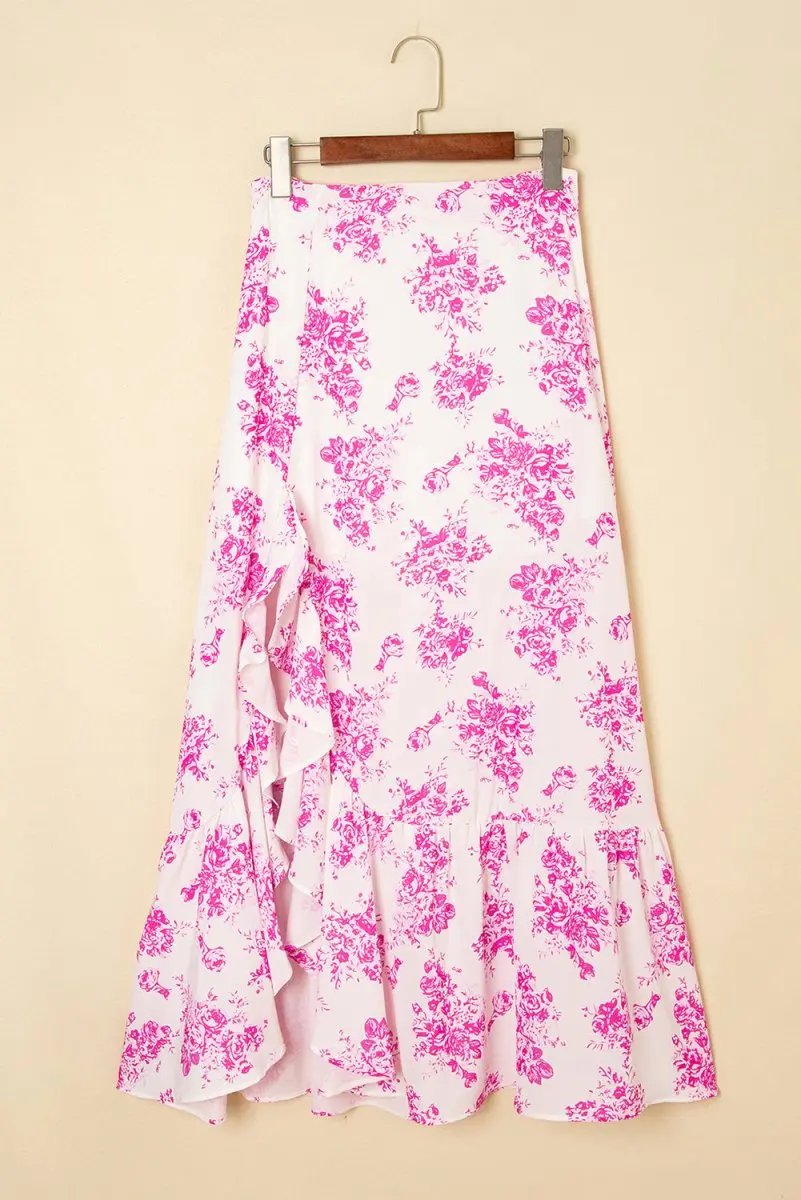 Rose Boho Floral High Waist Ruffle Split Maxi Skirt for Women - Love Salve